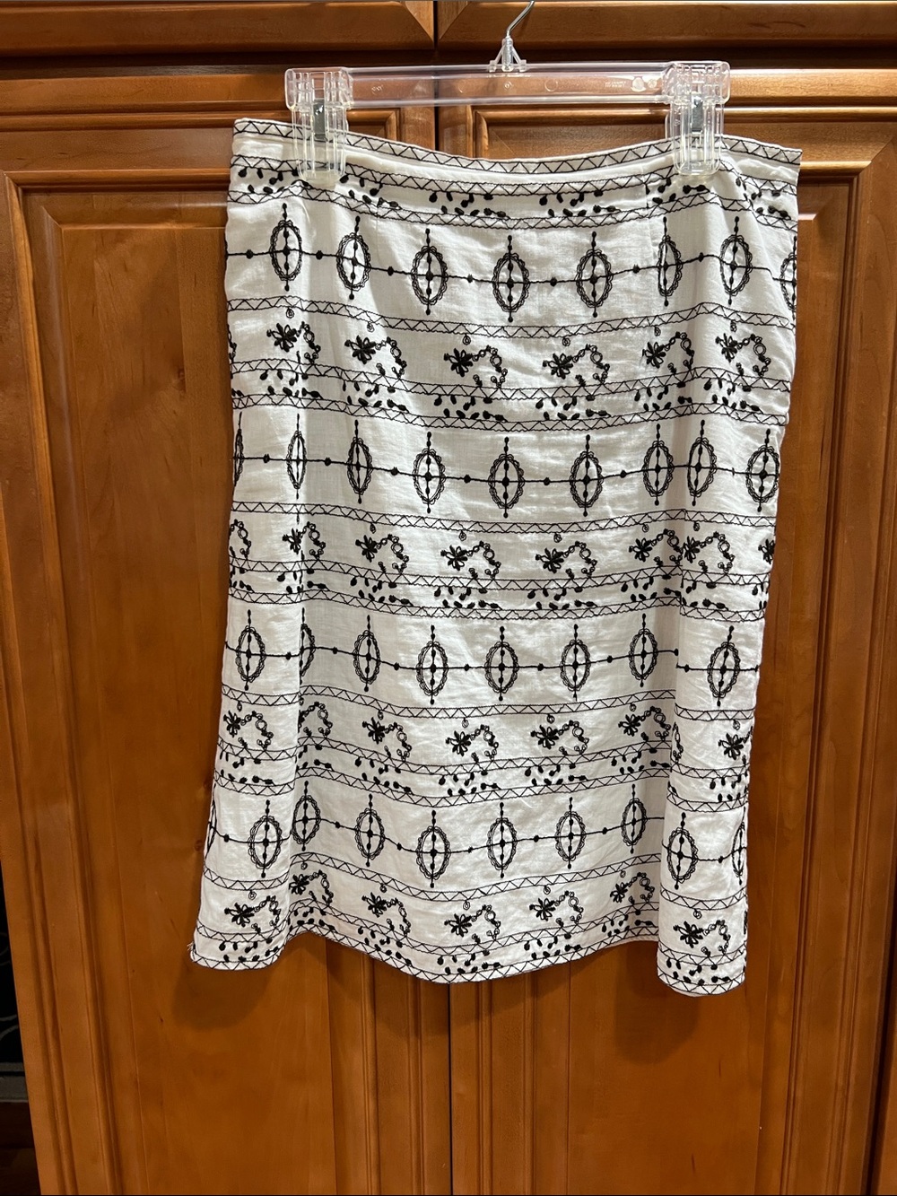 LOFT White A-Line Skirt with Black Embroidered Motif